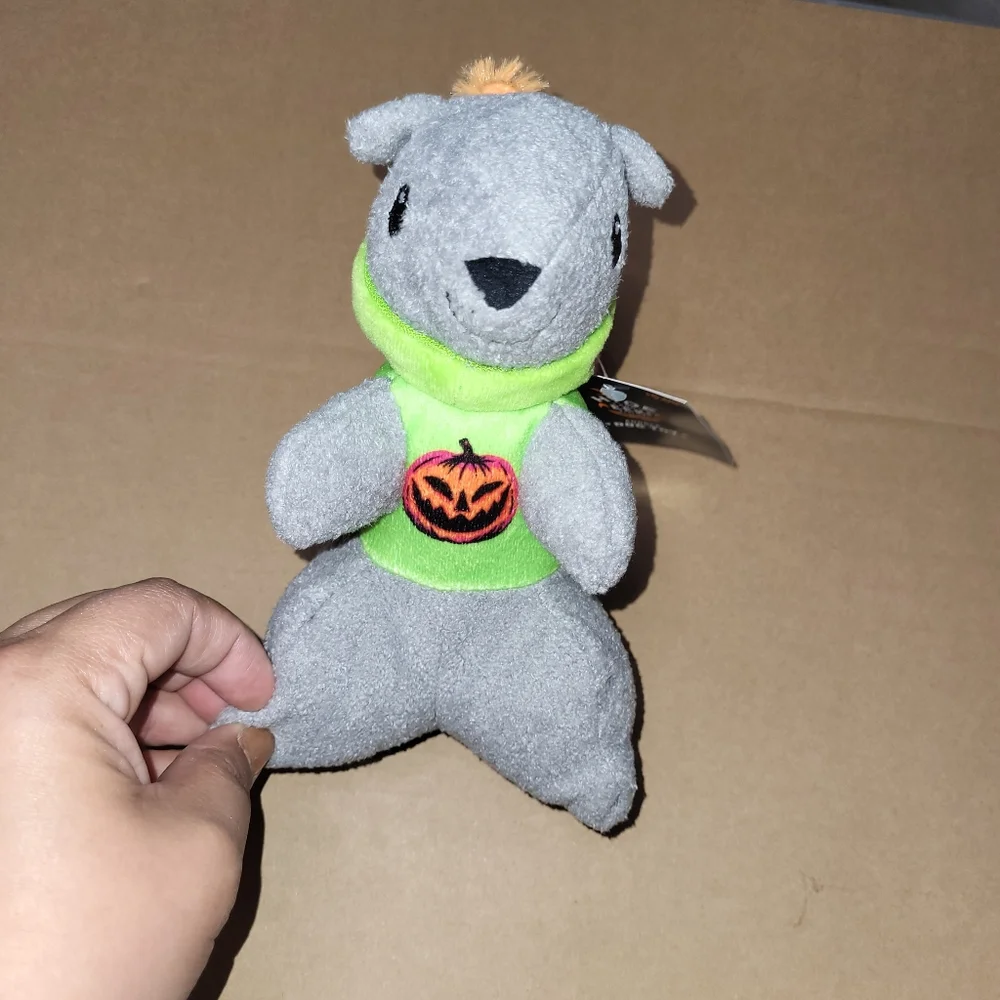 Gray Squierl Dog Toy with Green Pumpkin Shirt